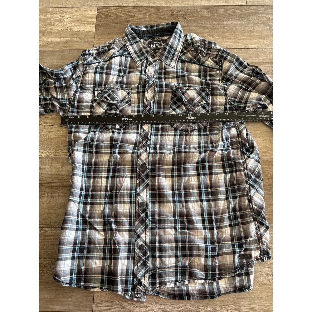 Buckle Black Shirt Men Large Slim Fit Black Teal Plaid Snap Button Western Rodeo - Picture 7 of 9